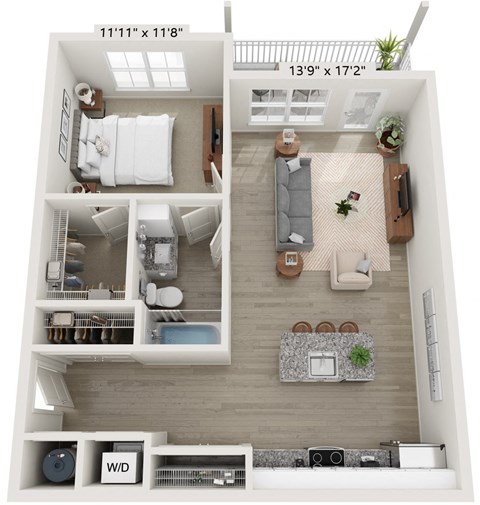 Floor plan for 1 bed, 1 bath, 749 sqft
